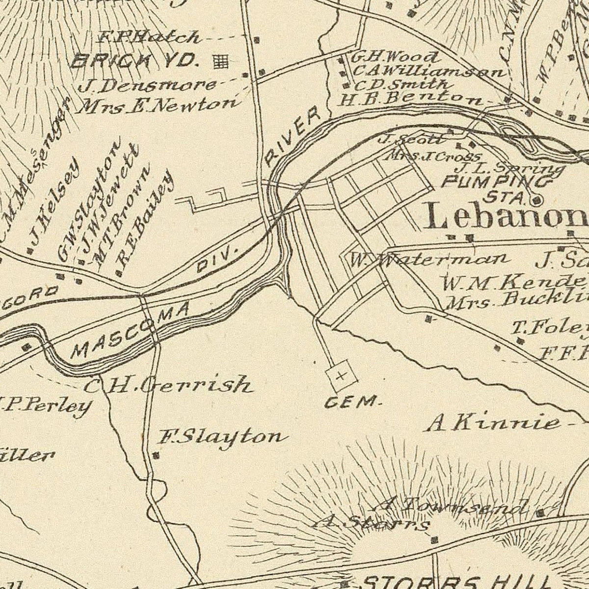 Restored historic details from the 1892 city map of Lebanon, New Hampshire