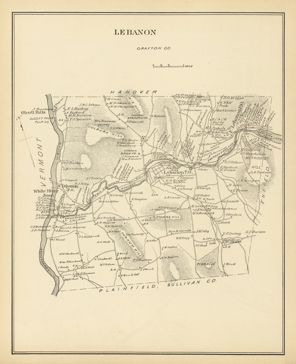Vintage Map of Lebanon, New Hampshire 1892 print style example