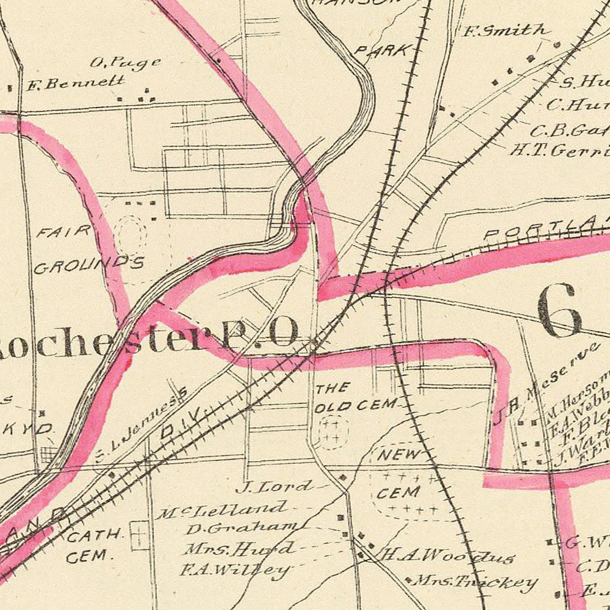 Restored historic details from the 1892 city map of Rochester, New Hampshire