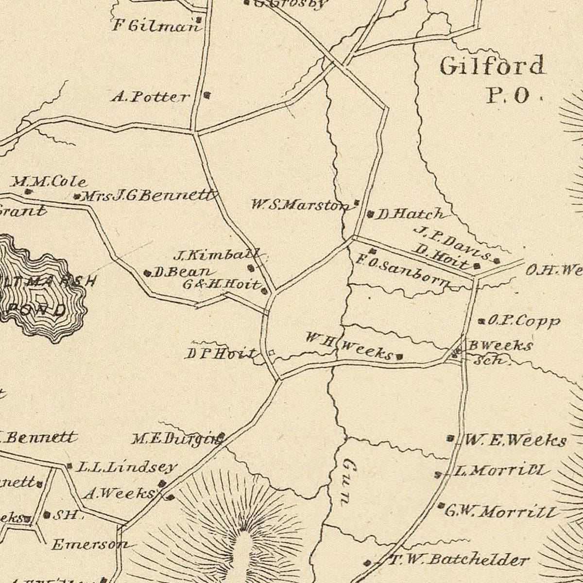 Restored historic details from the 1892 city map of Gilford, New Hampshire