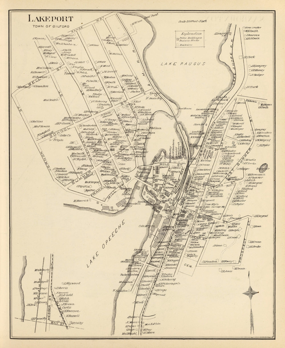 Vintage Map of Lakeport, New Hampshire 1892 print style example