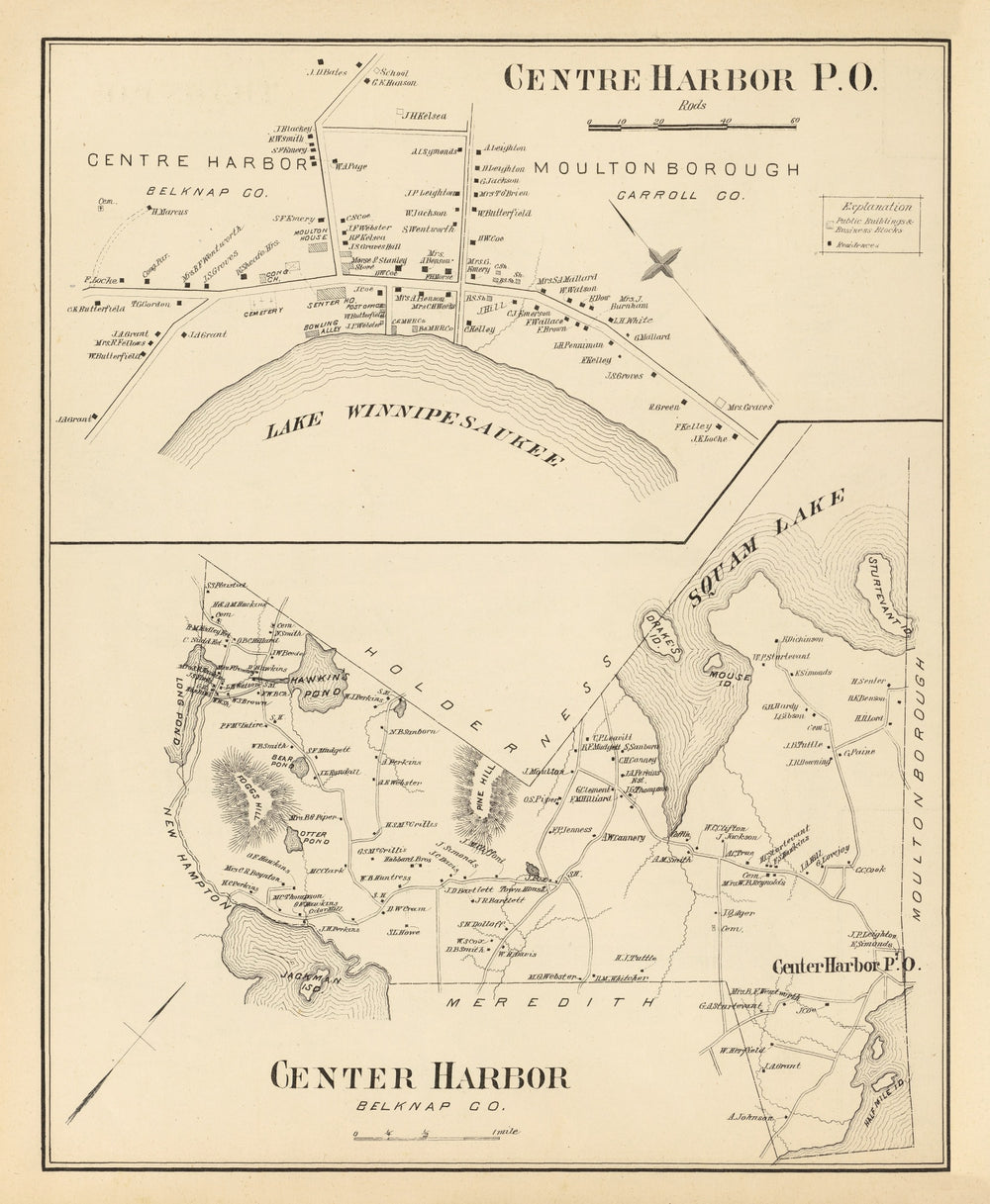 Vintage Map of Center Harbor, New Hampshire 1892 print style example
