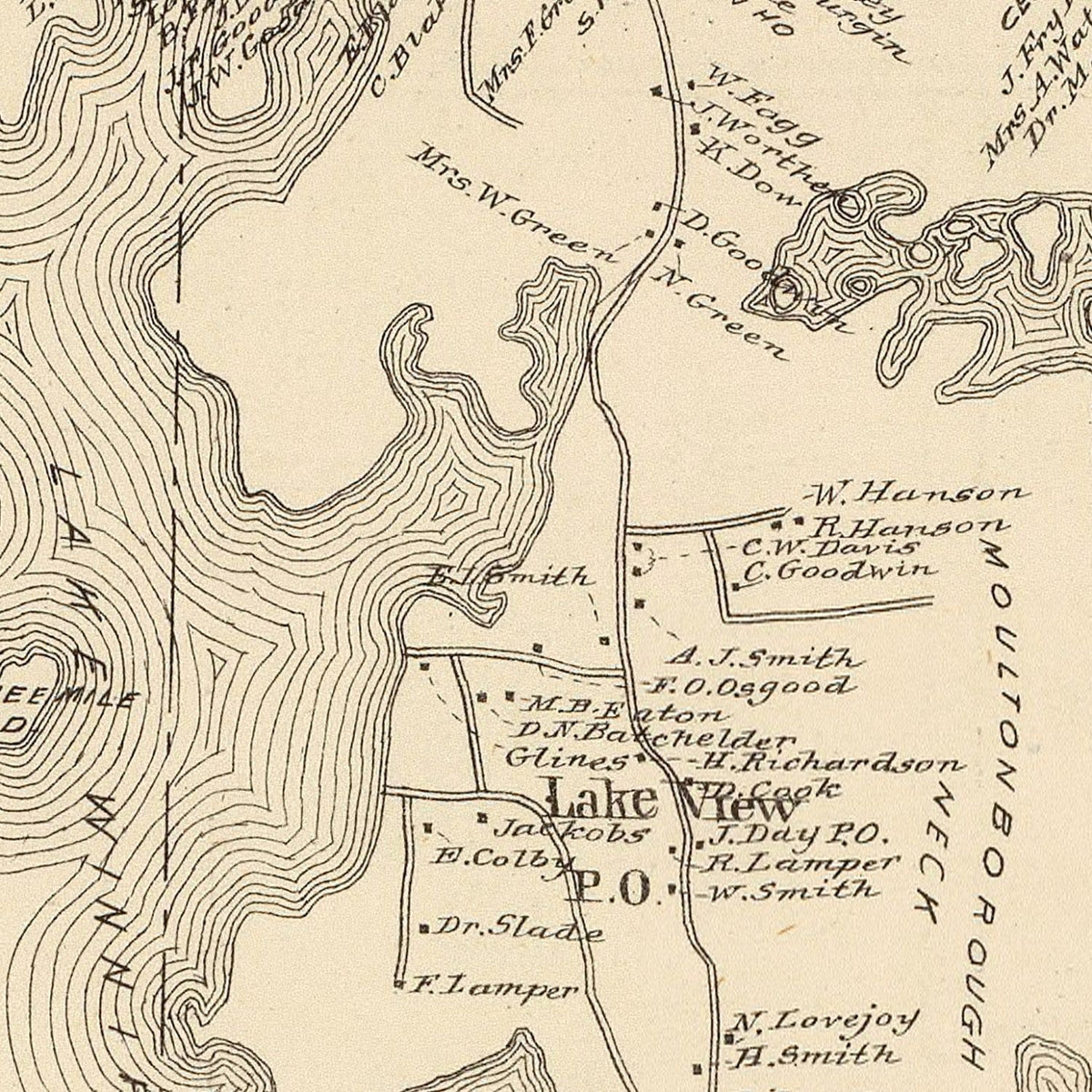Restored historic details from the 1892 city map of Moultonboro, New Hampshire