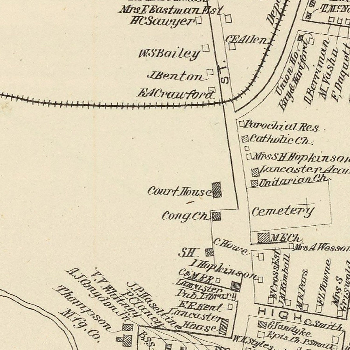 Restored historic details from the 1892 city map of Lancaster, New Hampshire