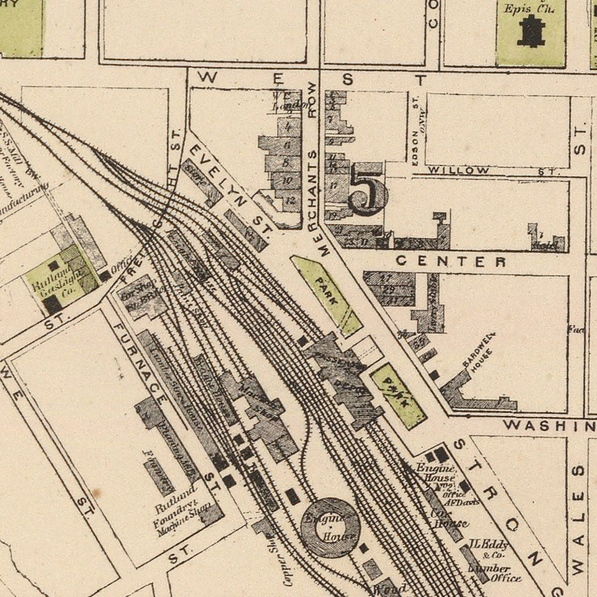 Restored historic details from the 1876 city map of Rutland, Vermont