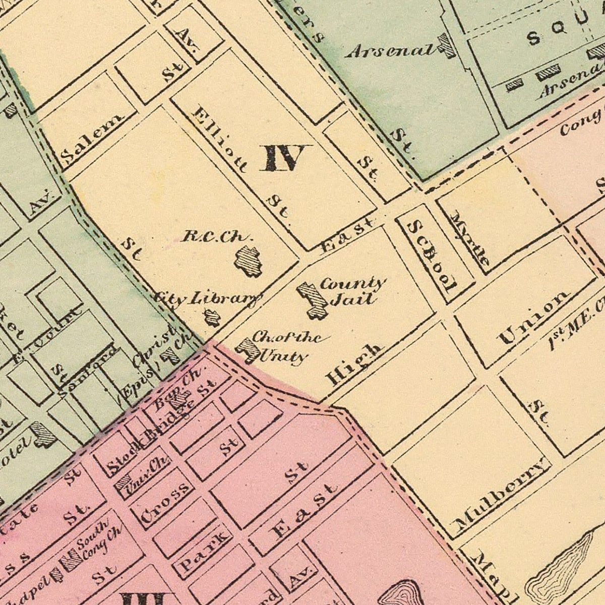 Restored historic details from the 1871 city map of Springfield, Massachusetts