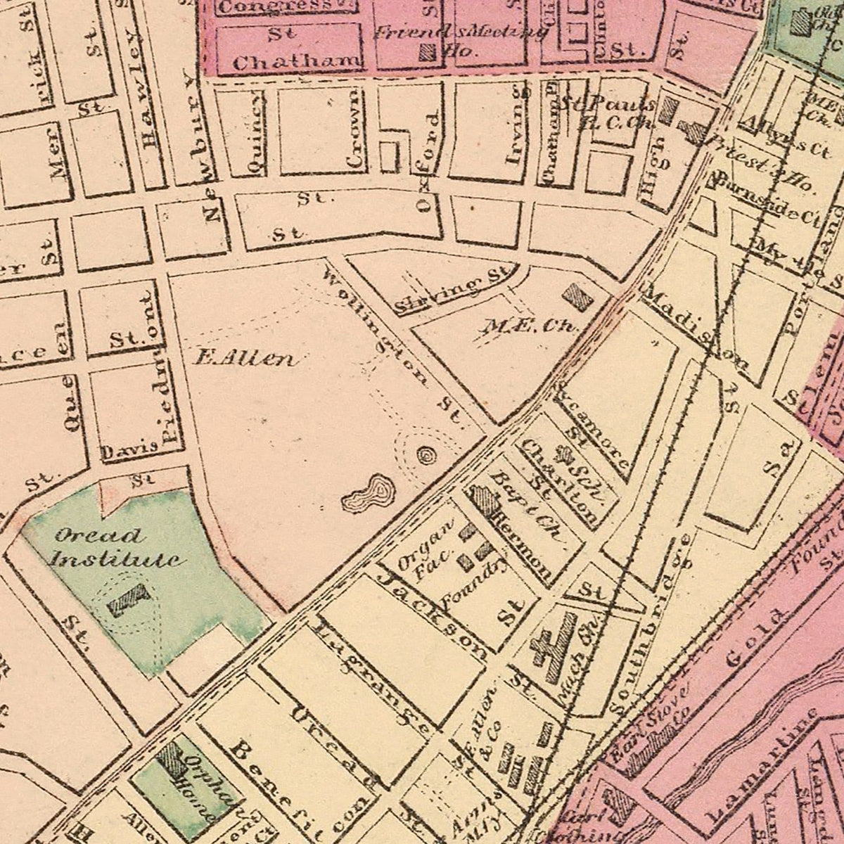 Restored historic details from the 1871 city map of Worcester, Massachusetts