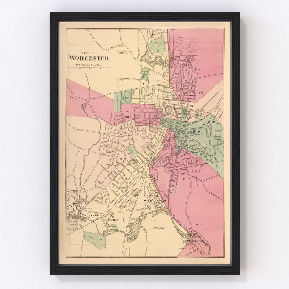 Worcester Vintage Map 1871