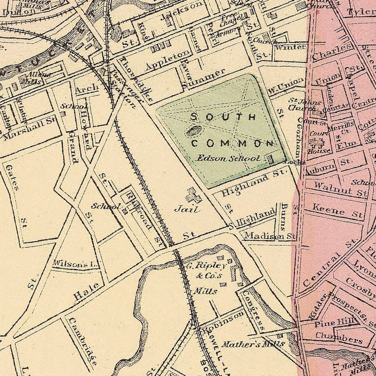 Restored historic details from the 1871 city map of Lowell, Massachusetts