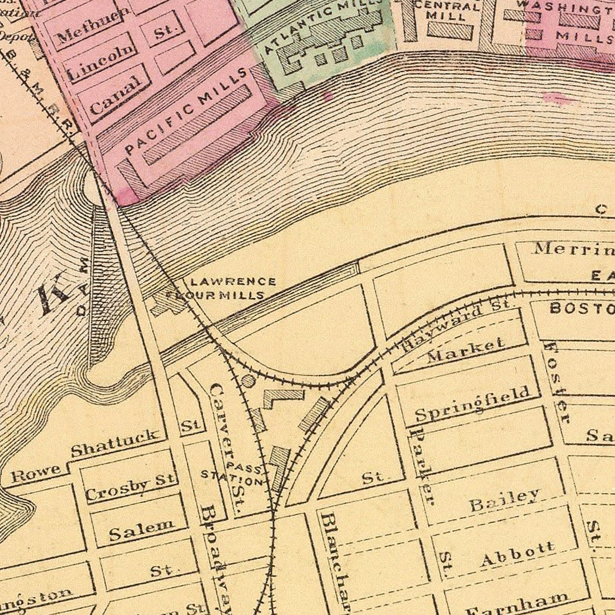 Restored historic details from the 1871 city map of Lawrence, Massachusetts