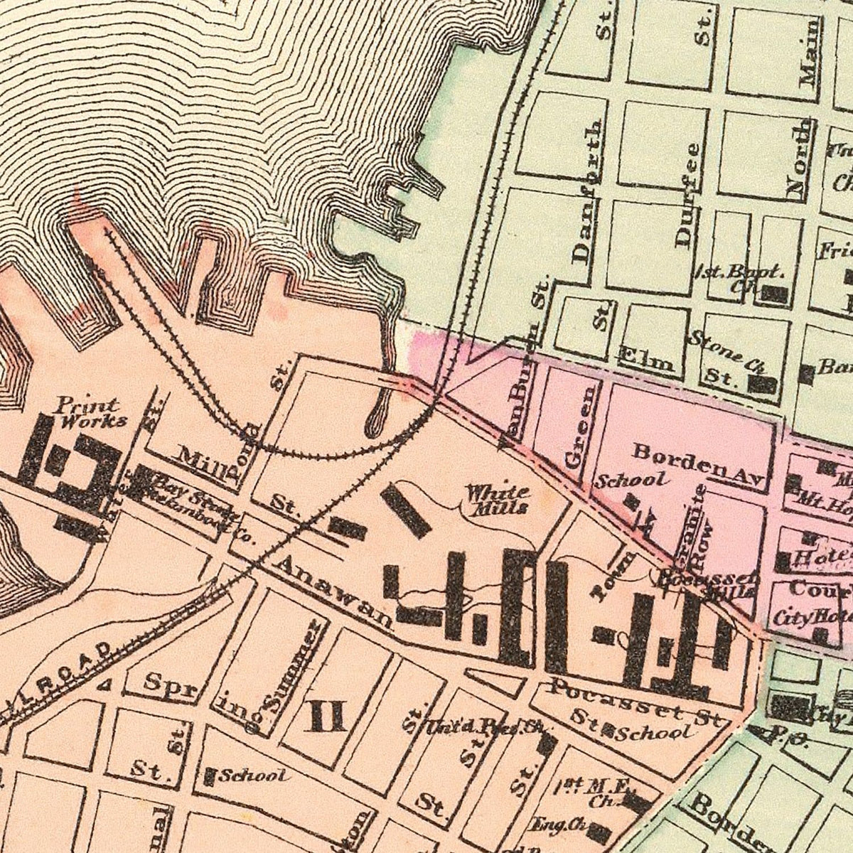 Restored historic details from the 1871 city map of Fall River, Massachusetts