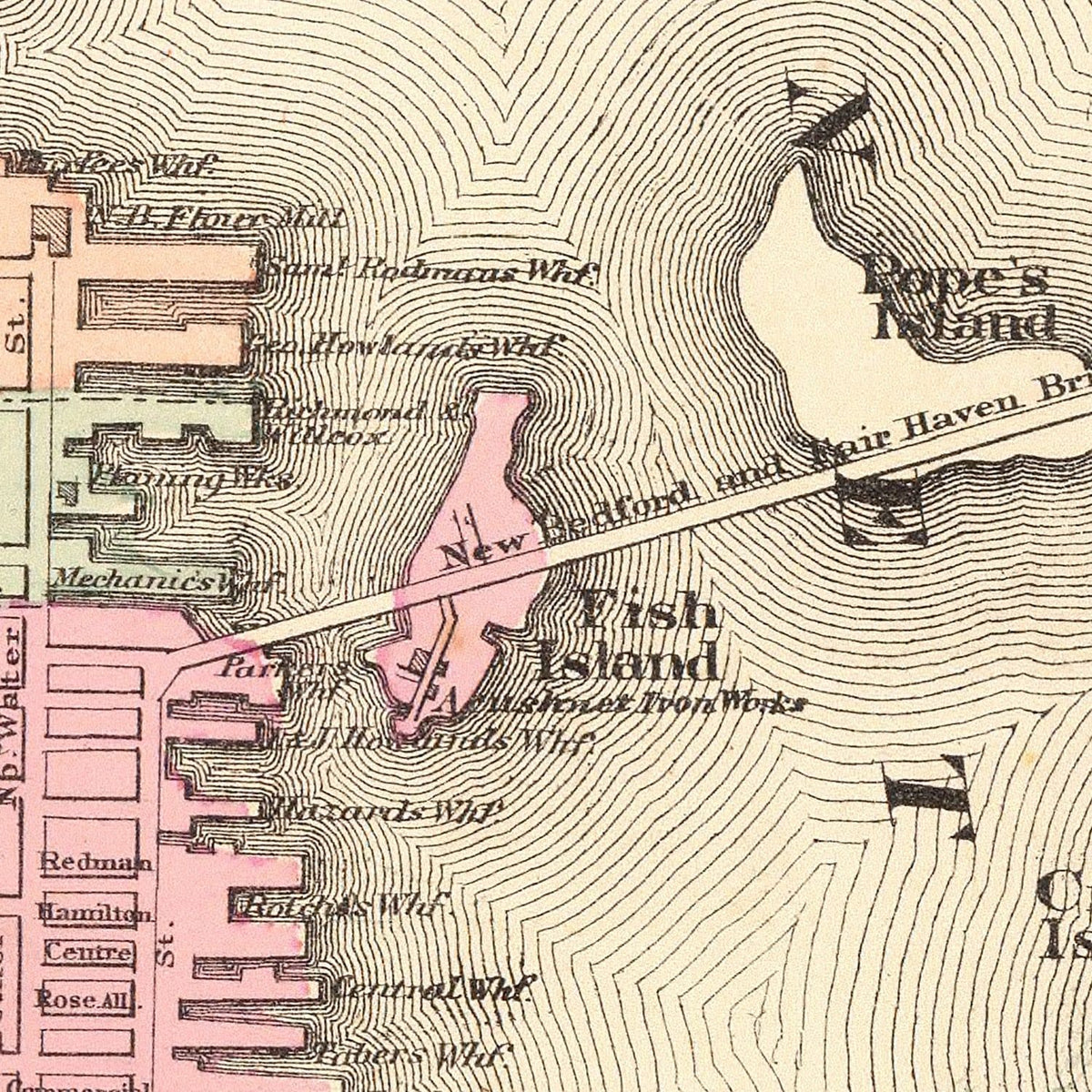 Restored historic details from the 1871 city map of New Bedford, Massachusetts