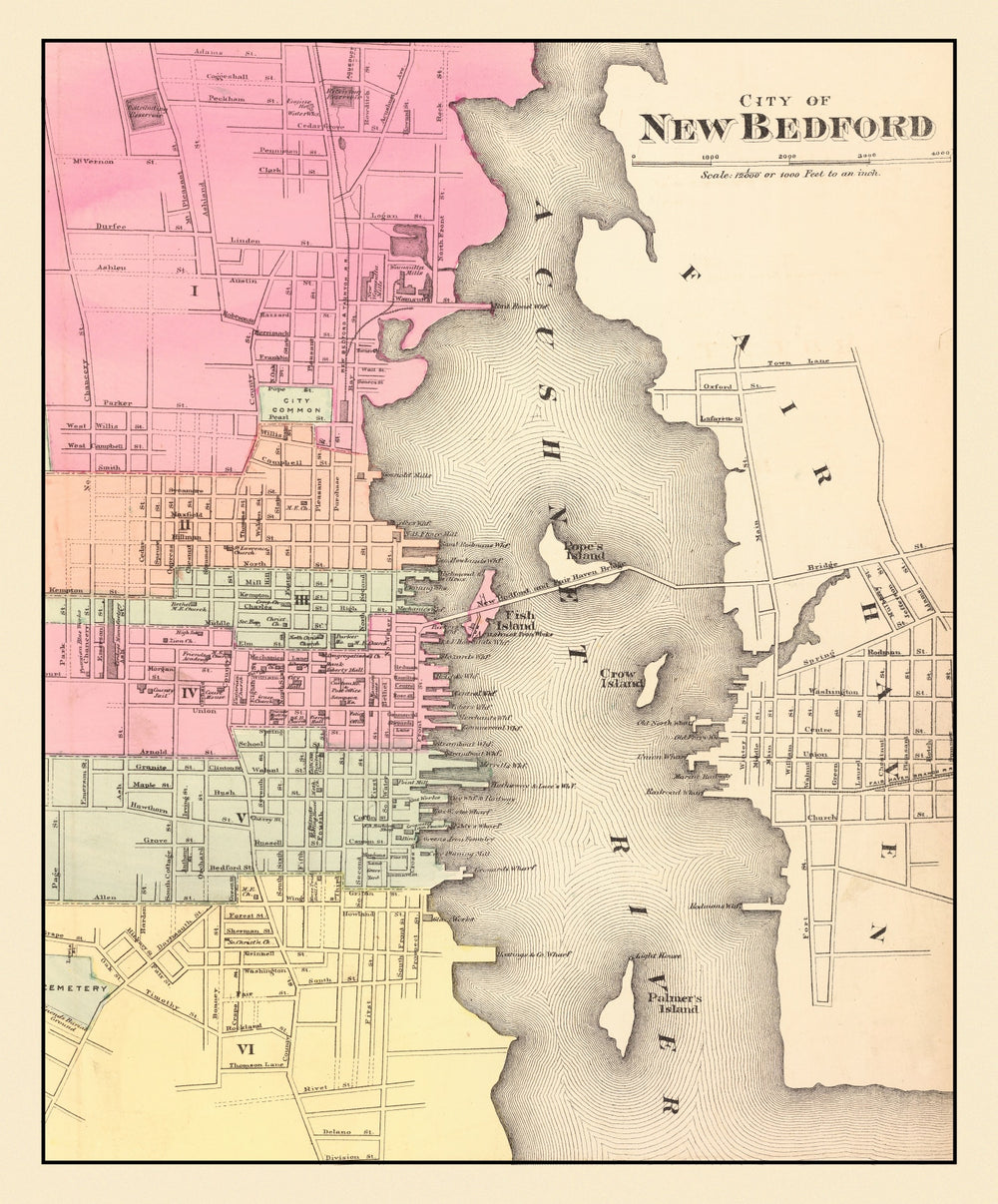 Vintage Map of New Bedford, Massachusetts 1871 print style example