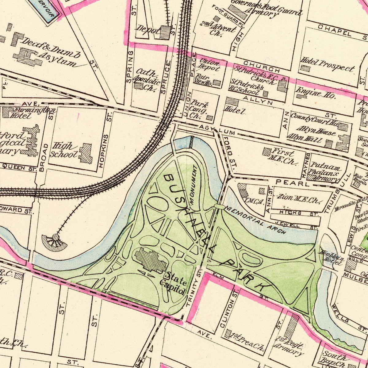Restored historic details from the 1893 city map of Hartford, Connecticut