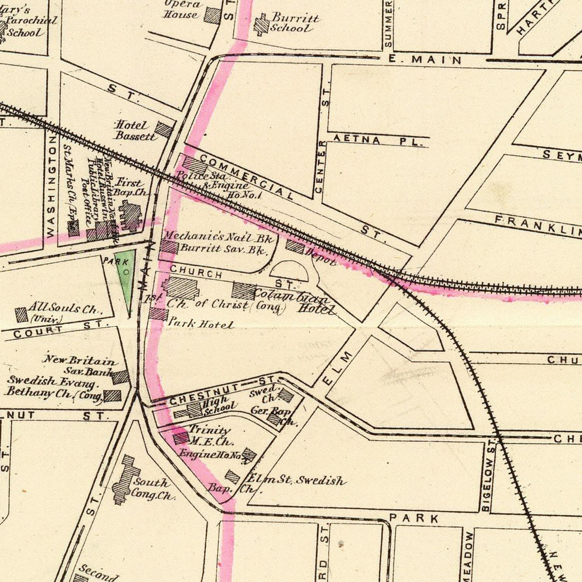 Restored historic details from the 1893 city map of New Britain, Connecticut