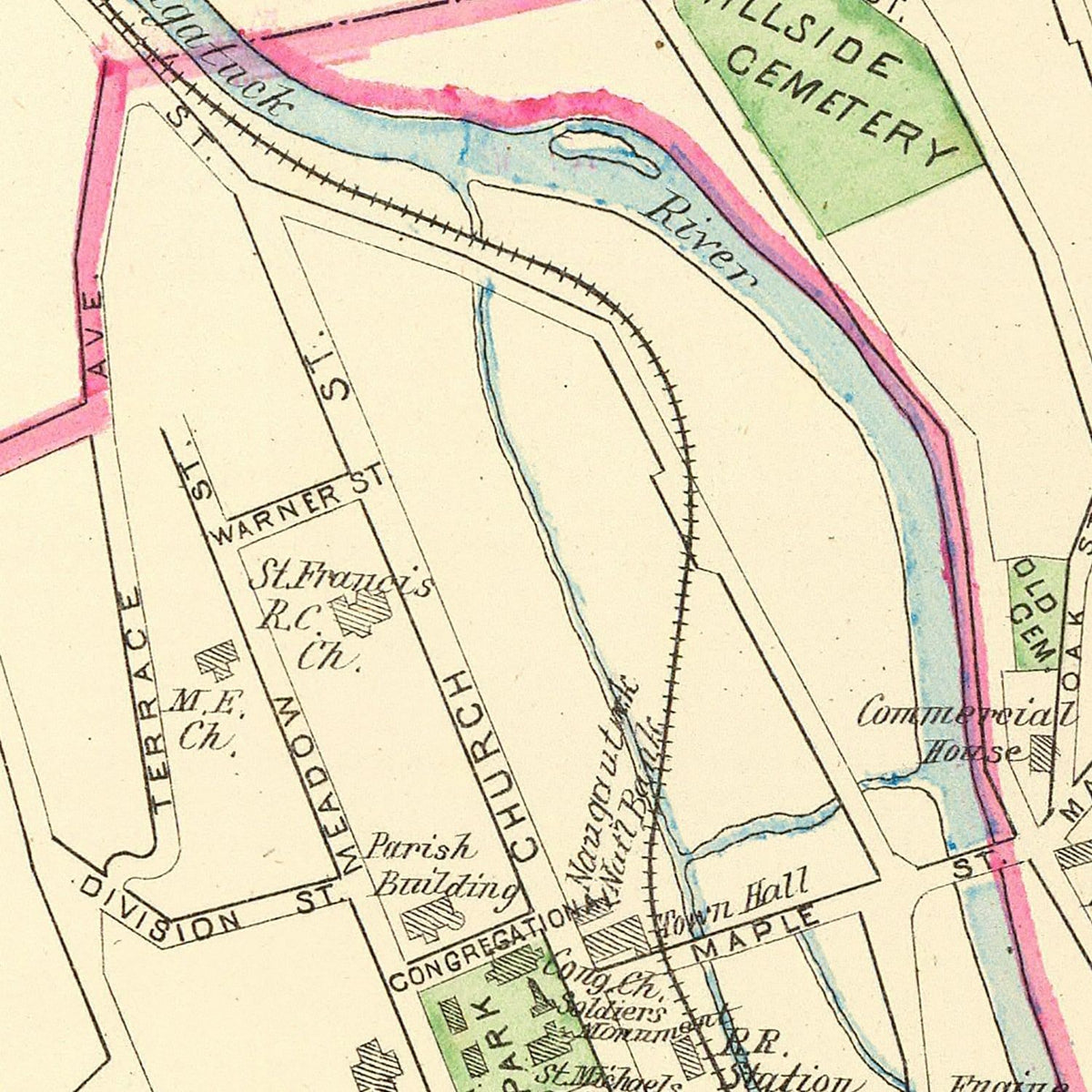 Restored historic details from the 1893 city map of Naugatuck, Connecticut