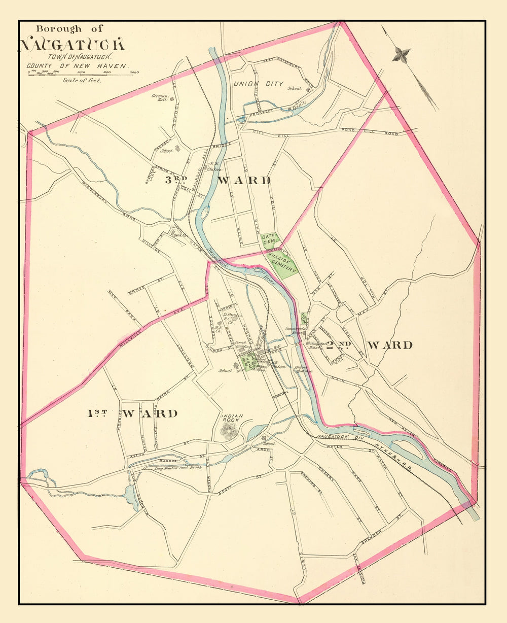 Vintage Map of Naugatuck, Connecticut 1893 print style example