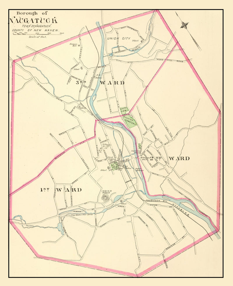 Size comparison using Vintage Map of Naugatuck, Connecticut 1893