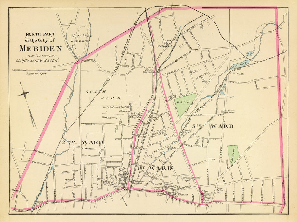 Vintage Map of Meriden, Connecticut 1893 print style example