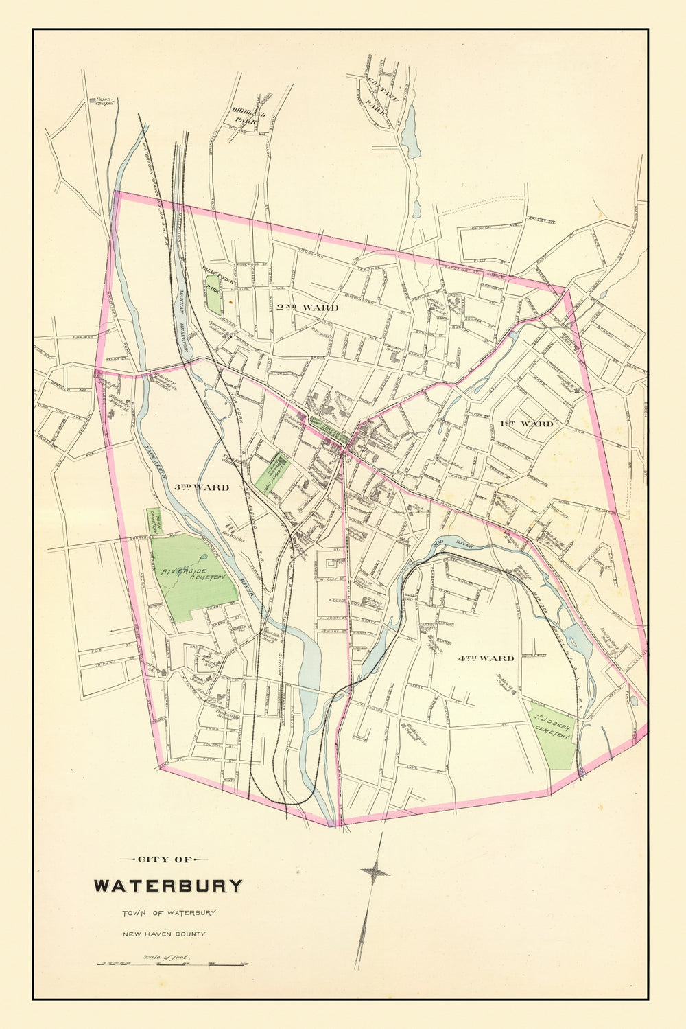 Vintage Map of Waterbury, Connecticut 1893 print style example