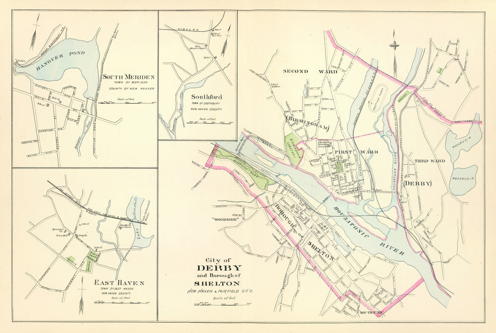 Vintage Map of Derby, Connecticut 1893 print style example