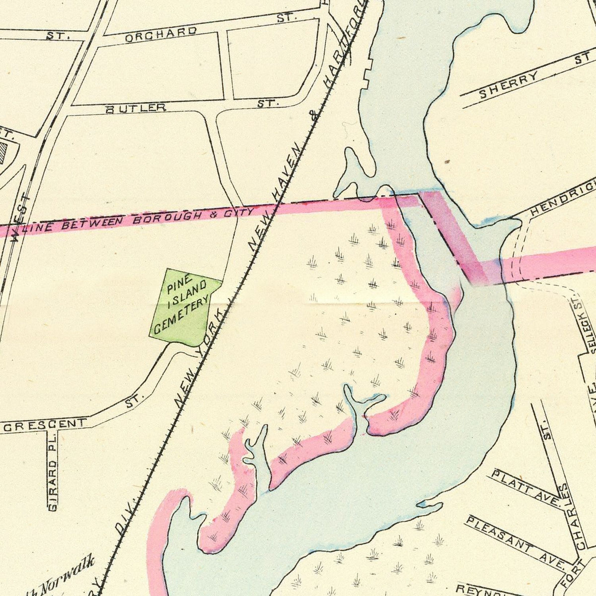 Restored historic details from the 1893 city map of Norwalk, Connecticut