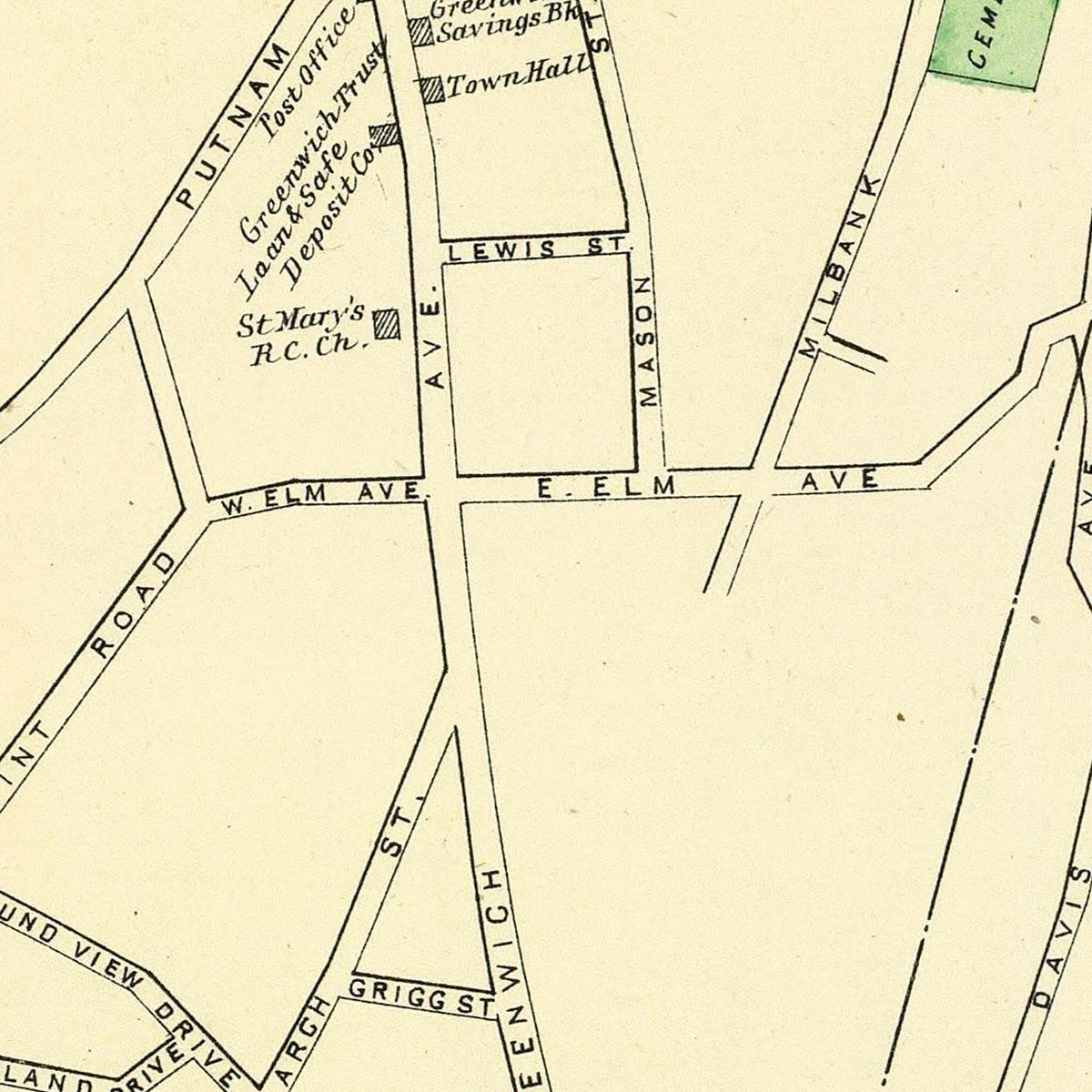 Restored historic details from the 1893 city map of Greenwich, Connecticut