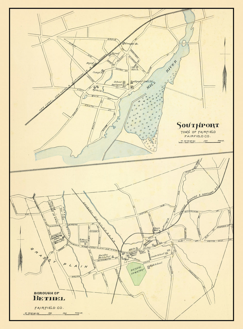 Vintage Map of Bethel, Connecticut 1893 print style example