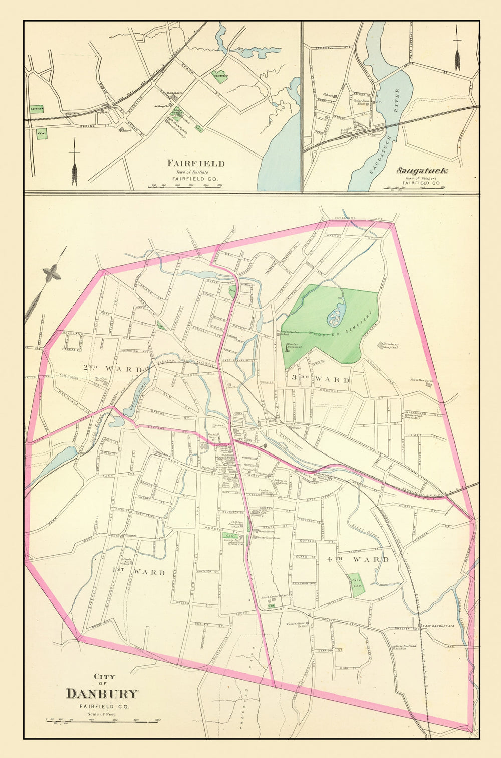 Vintage Map of Danbury, Connecticut 1893 print style example