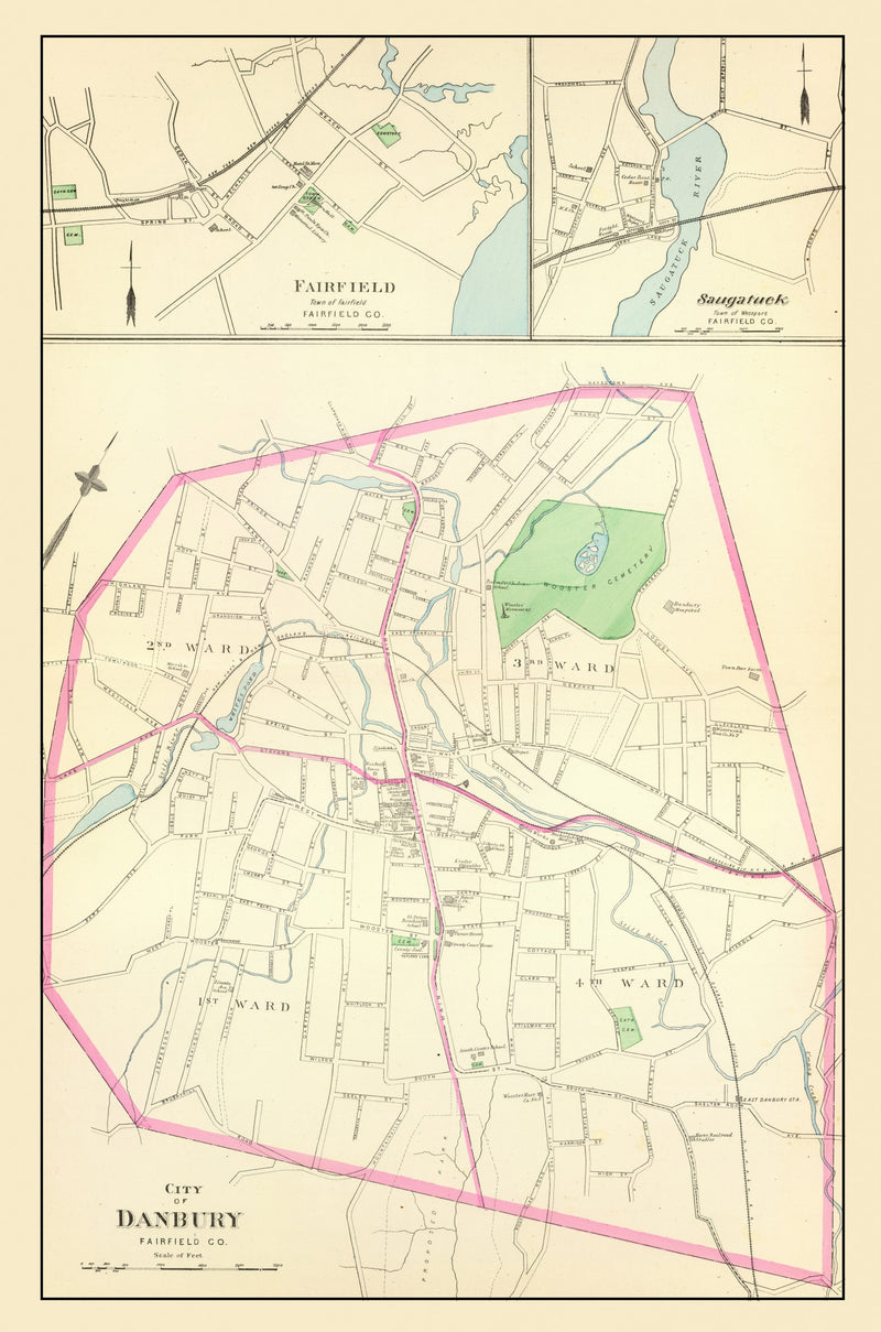 Size comparison using Vintage Map of Danbury, Connecticut 1893