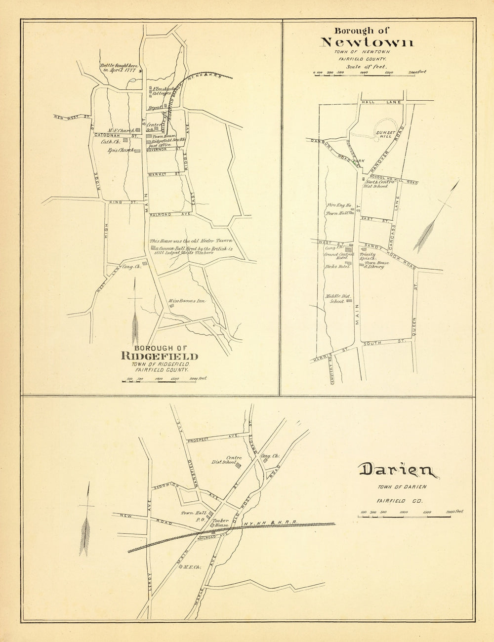 Vintage Map of Newtown, Connecticut 1893 print style example