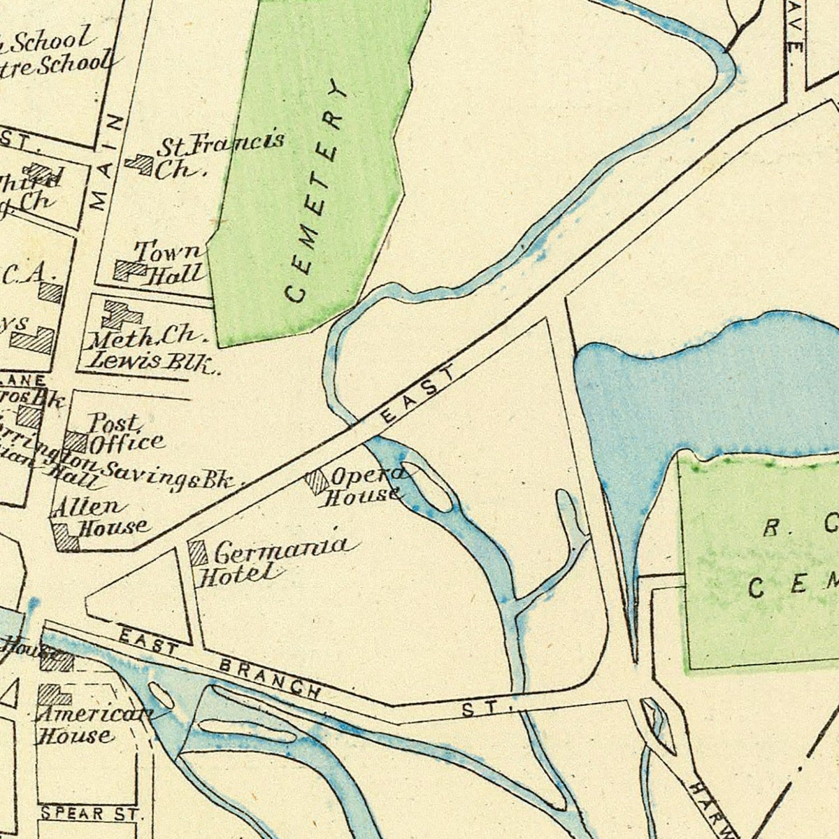 Restored historic details from the 1893 city map of Torrington, Connecticut