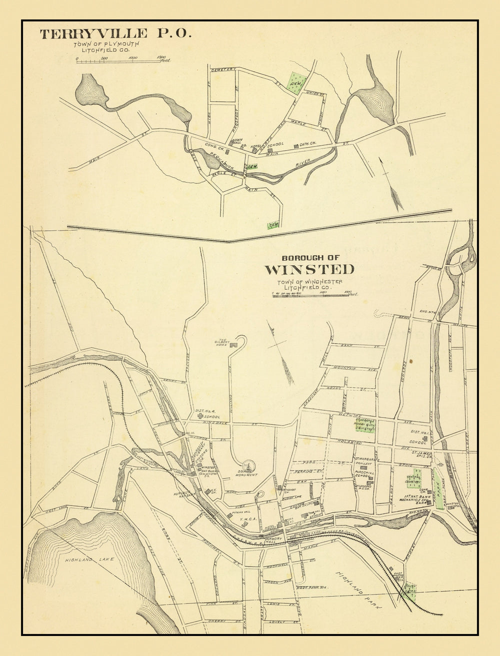 Vintage Map of Terryville, Connecticut 1893 print style example