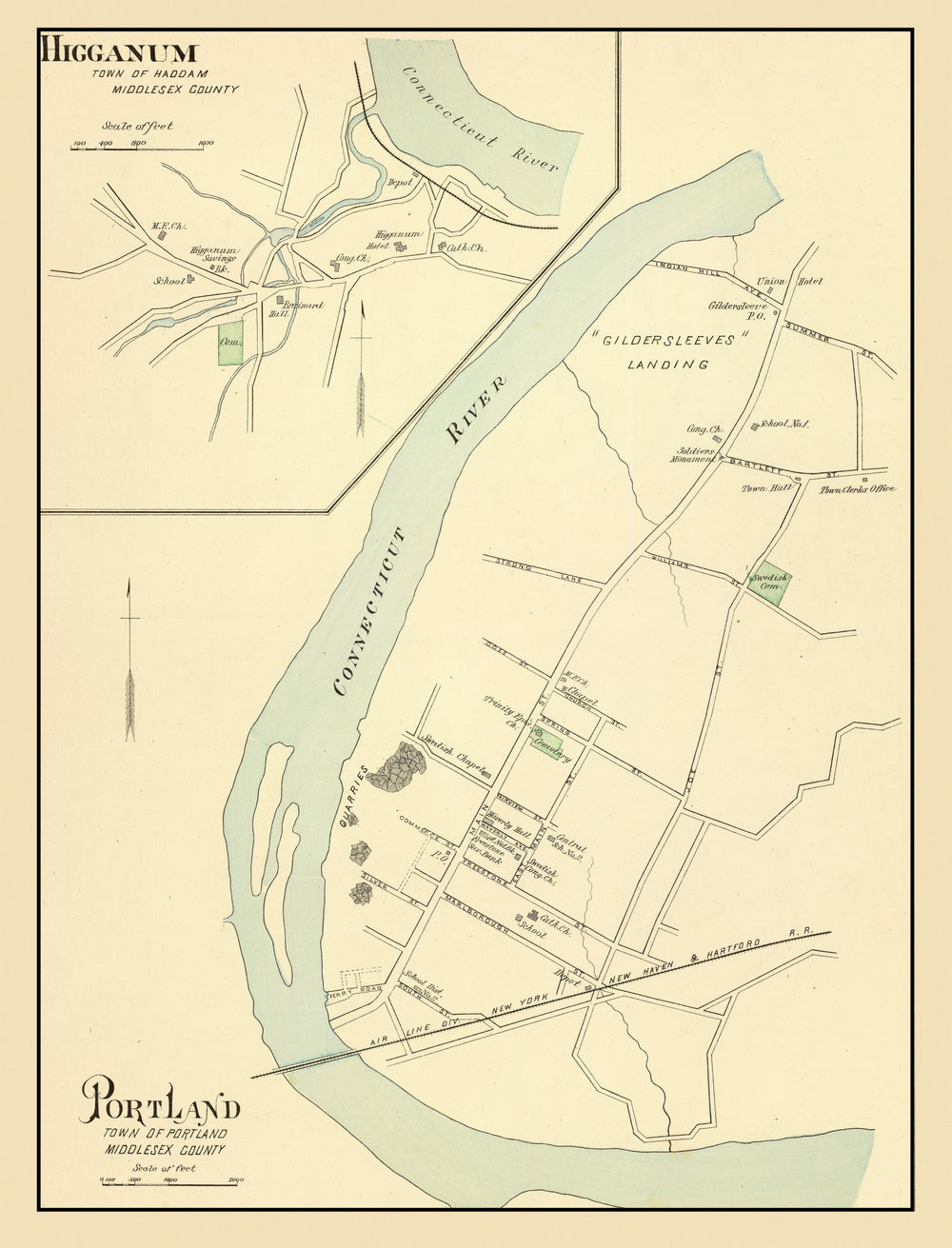 Vintage Map of Higganum, Connecticut 1893 print style example