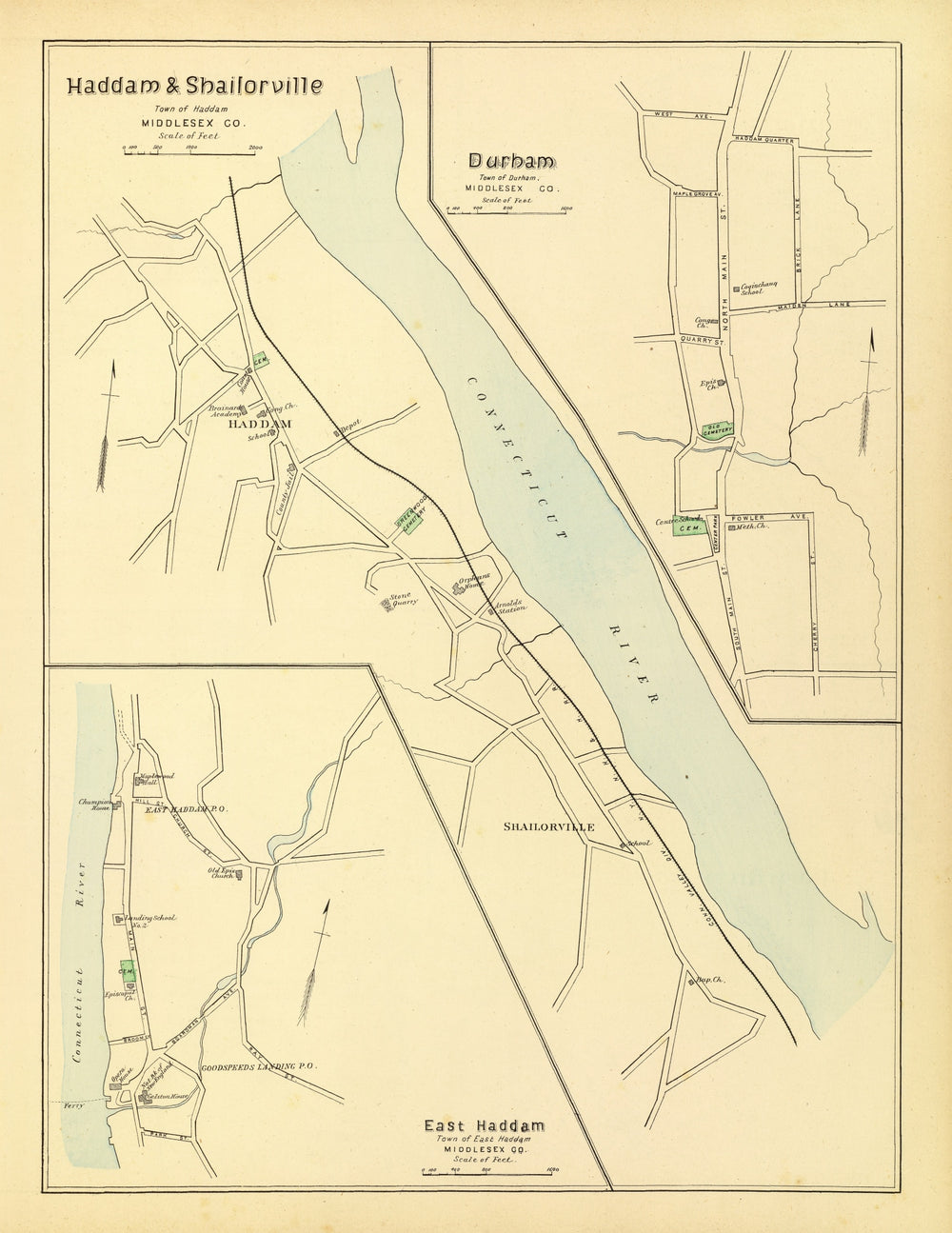 Vintage Map of Haddam, Connecticut 1893 print style example