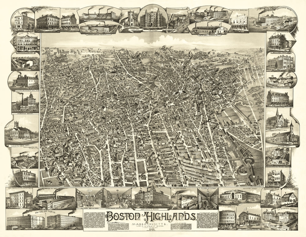Vintage Map of Boston Highlands, Massachusetts 1888 print style example