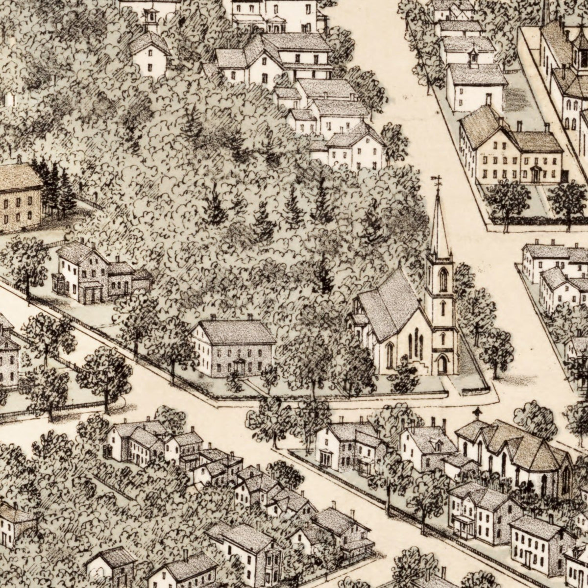 Restored historic details from the 1876 city map of Dedham, Massachusetts