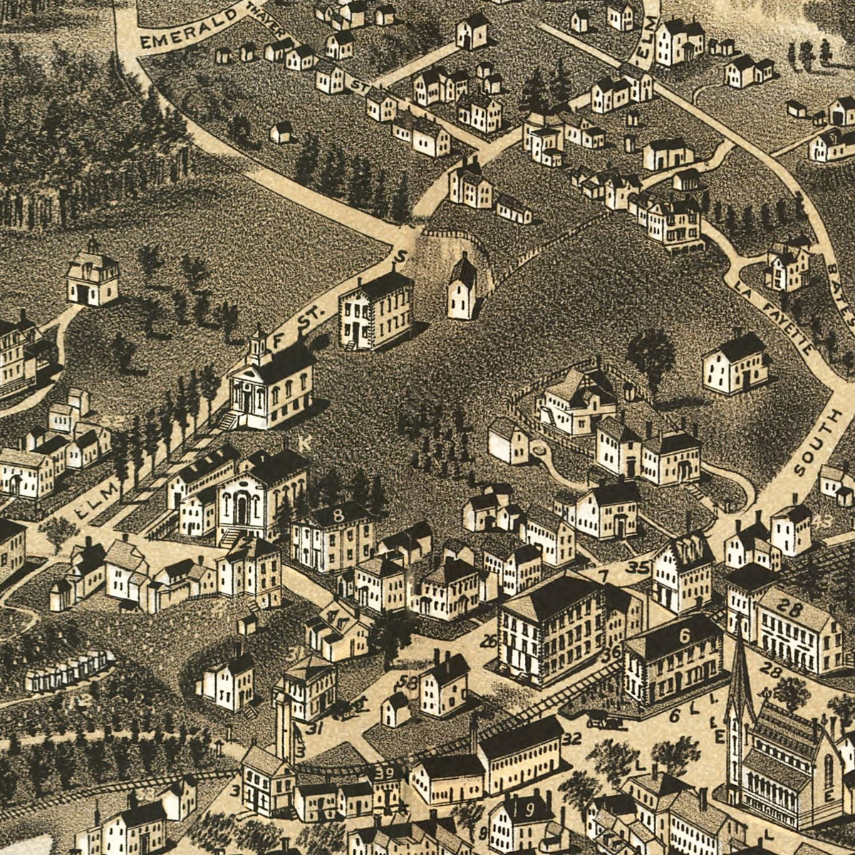 Restored historic details from the 1885 city map of Hingham, Massachusetts