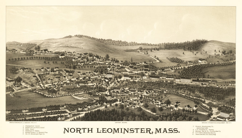 Vintage Map of North Leominster, Massachusetts 1887 print style example