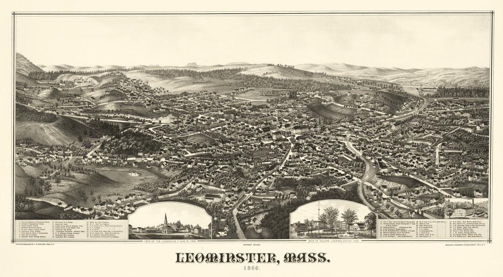 Vintage Map of Leominster, Massachusetts 1886 print style example