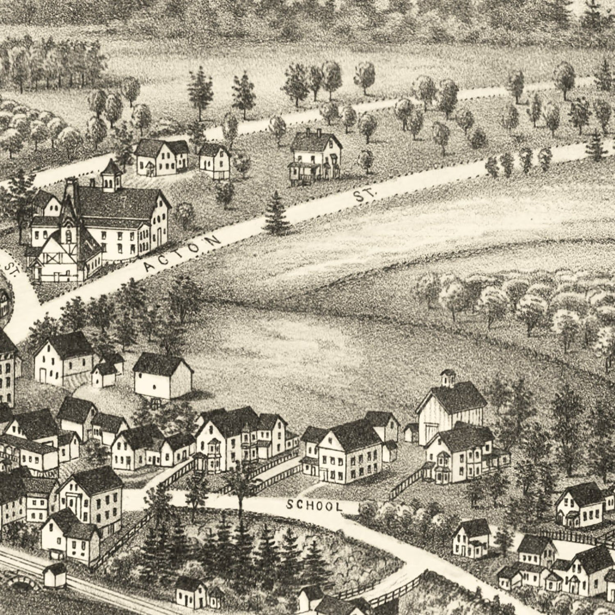 Restored historic details from the 1886 city map of South Acton, Massachusetts