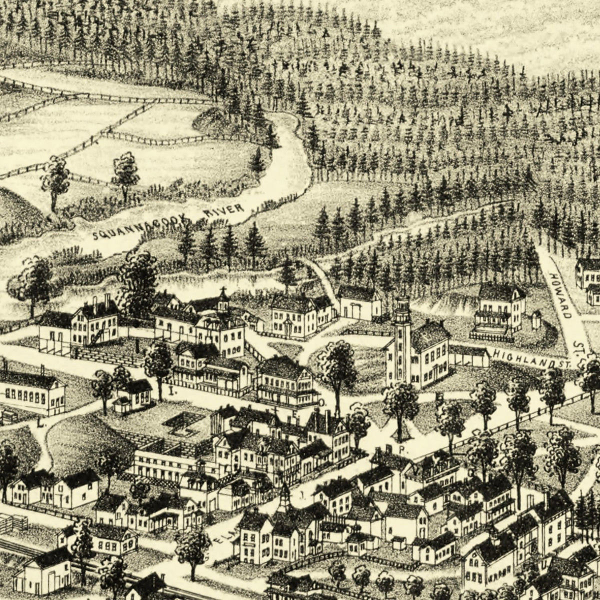 Restored historic details from the 1889 city map of Townsend Center, Massachusetts