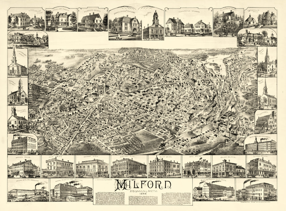 Vintage Map of Milford, Massachusetts 1888 print style example
