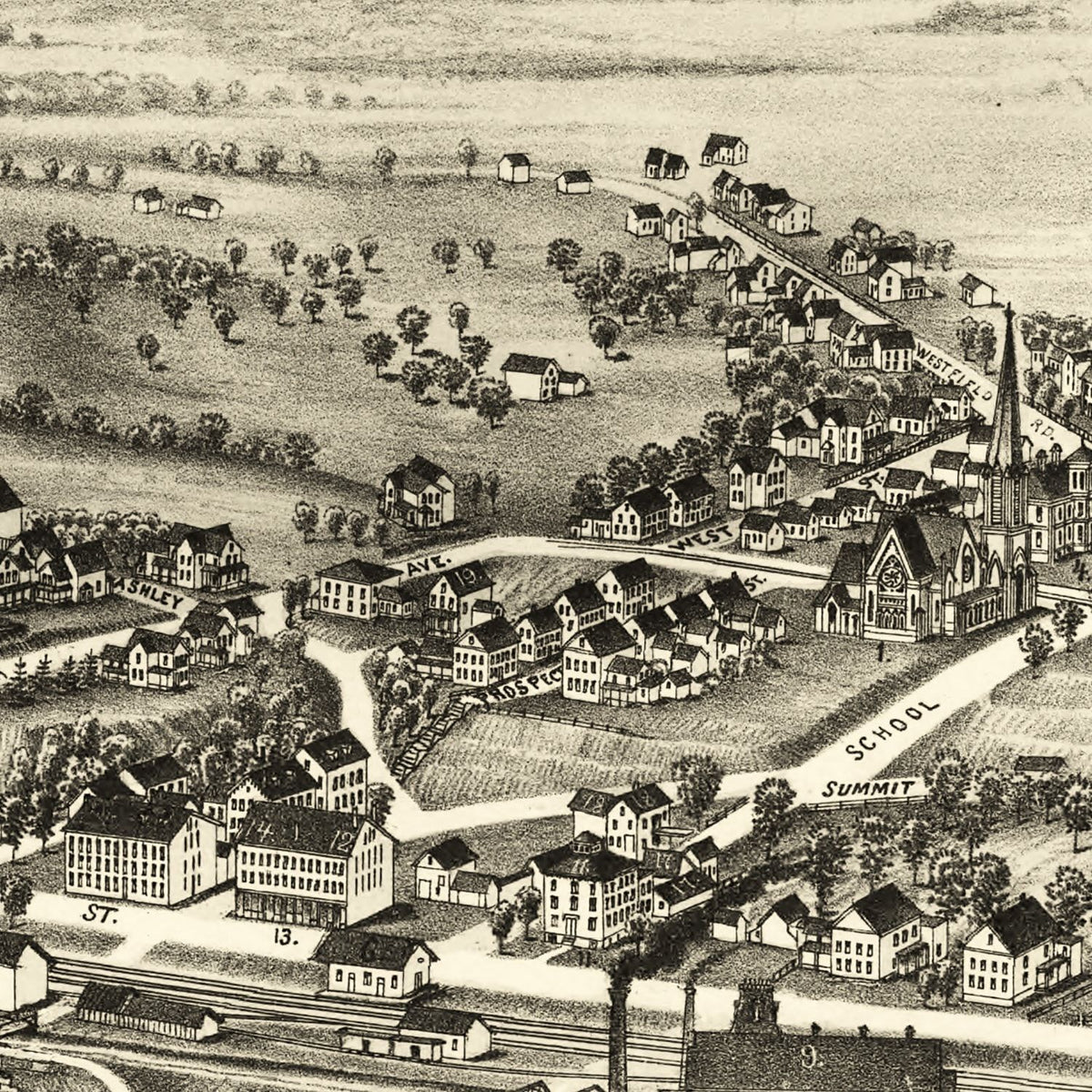 Restored historic details from the 1889 city map of Mittineague, Massachusetts