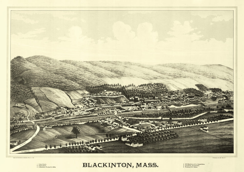 Vintage Map of Blackinton, Massachusetts 1889 print style example