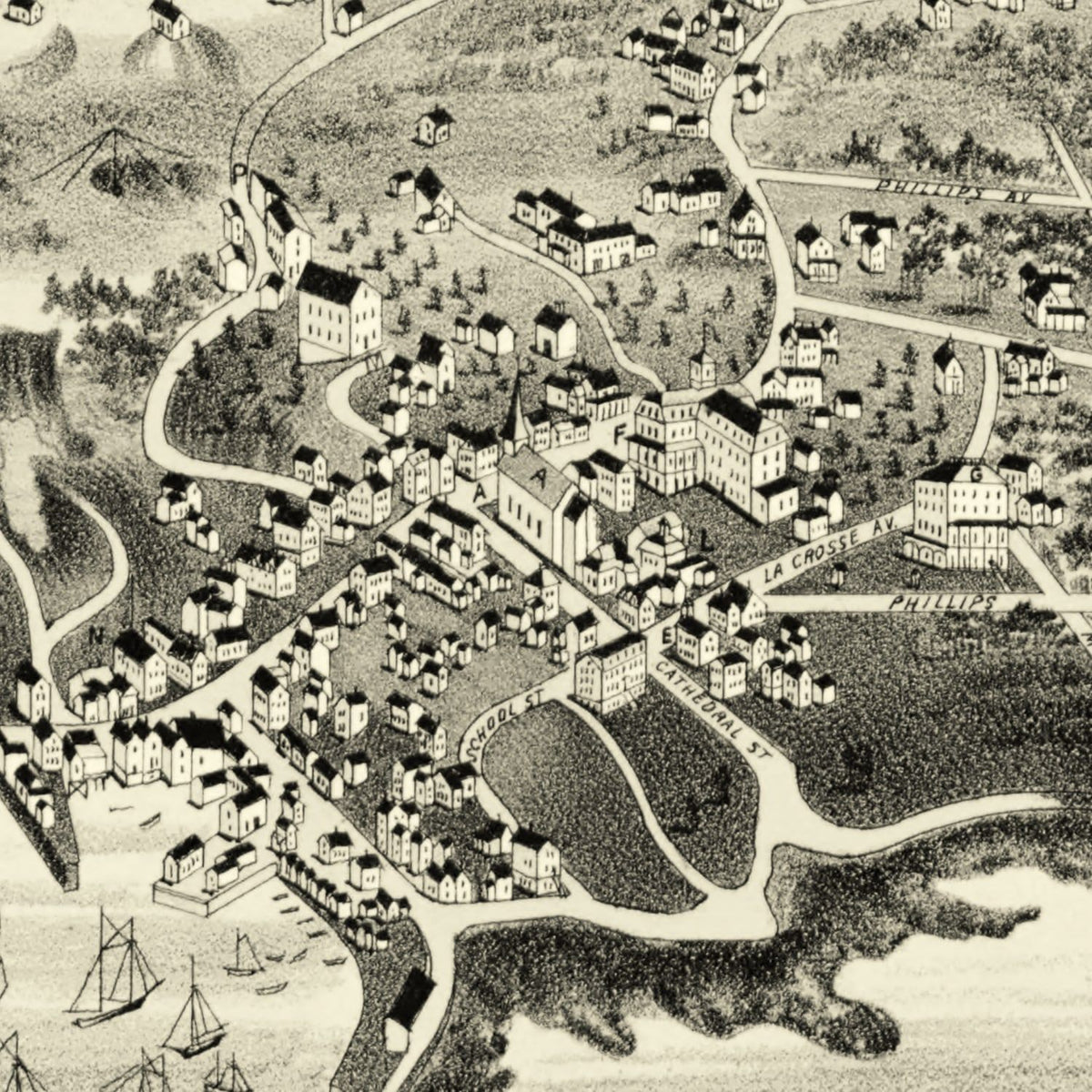 Restored historic details from the 1886 city map of Pigeon Cove, Massachusetts