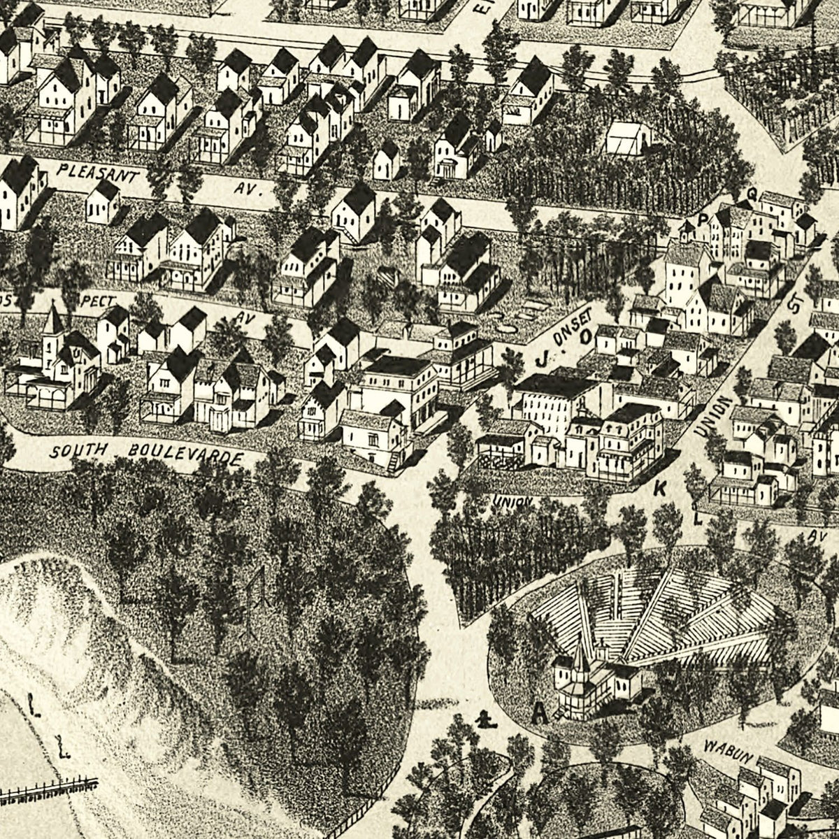 Restored historic details from the 1885 city map of Onset Bay Grove, Massachusetts