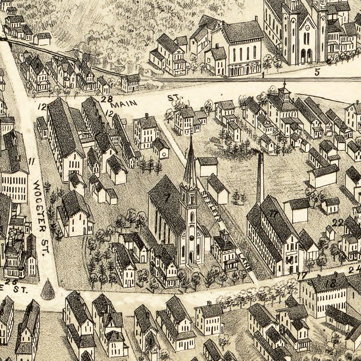 Restored historic details from the 1879 city map of Bethel, Connecticut