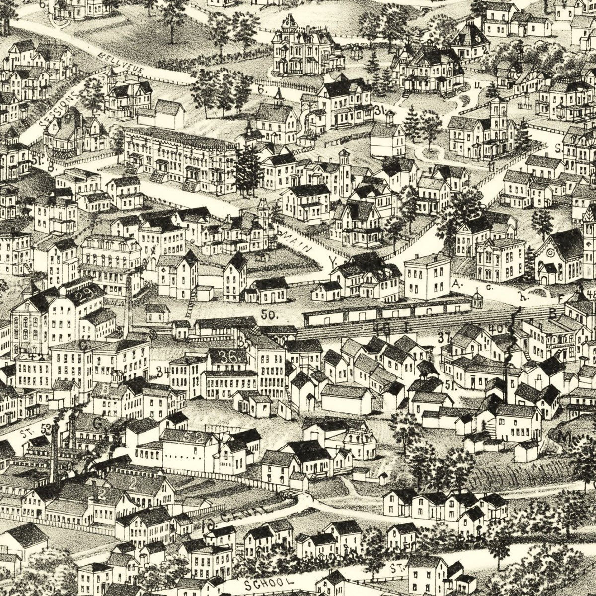 Restored historic details from the 1889 city map of Bristol, Connecticut