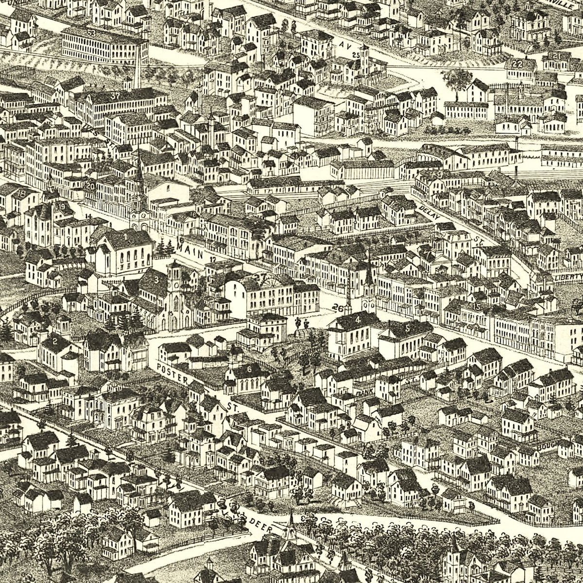 Restored historic details from the 1884 city map of Danbury, Connecticut